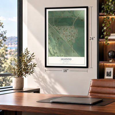Oconto, Nebraska map, 18 x 24 inch print in a black frame in a home office