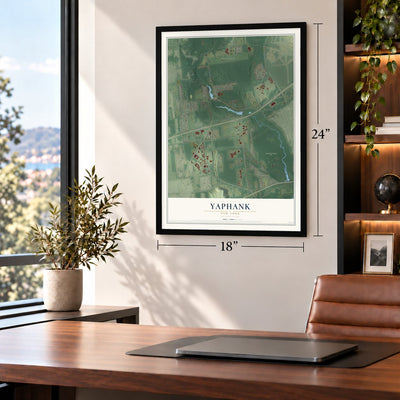 Yaphank, New York map, 18 x 24 inch print in a black frame in a home office