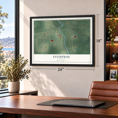 Enterprise, Mississippi map, 18 x 24 inch print in a black frame in a home office