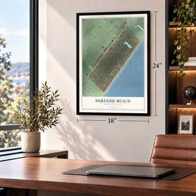 Surfside Beach, South Carolina map, 18 x 24 inch print in a black frame in a home office