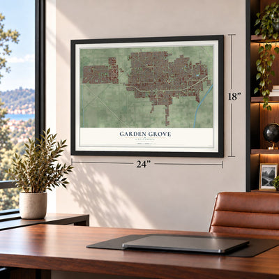 Garden Grove, California map, 18 x 24 inch print in a black frame in a home office