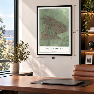 South Whittier, California map, 18 x 24 inch print in a black frame in a home office