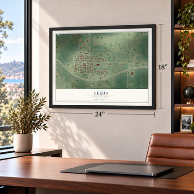 Leeds, North Dakota map, 18 x 24 inch print in a black frame in a home office