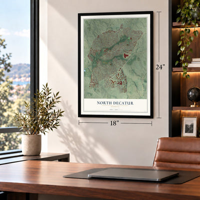 North Decatur, Georgia map, 18 x 24 inch print in a black frame in a home office