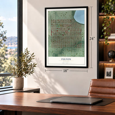 Fulton, Minnesota map, 18 x 24 inch print in a black frame in a home office