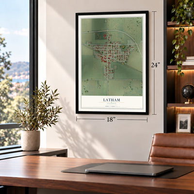 Latham, Illinois map, 18 x 24 inch print in a black frame in a home office