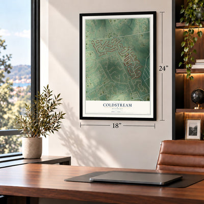 Coldstream, Kentucky map, 18 x 24 inch print in a black frame in a home office