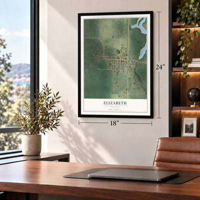 Elizabeth, Minnesota map, 18 x 24 inch print in a black frame in a home office