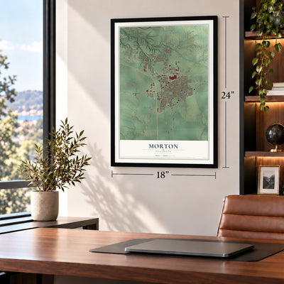 Morton, Illinois map, 18 x 24 inch print in a black frame in a home office