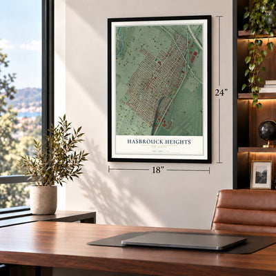 Hasbrouck Heights, New Jersey map, 18 x 24 inch print in a black frame in a home office