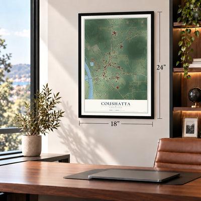 Coushatta, Louisiana map, 18 x 24 inch print in a black frame in a home office