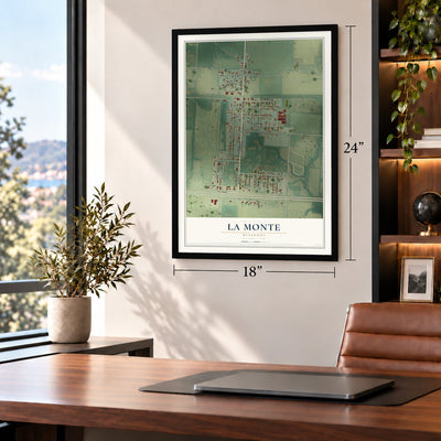 La Monte, Missouri map, 18 x 24 inch print in a black frame in a home office