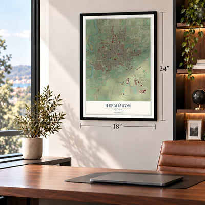 Hermiston, Oregon map, 18 x 24 inch print in a black frame in a home office