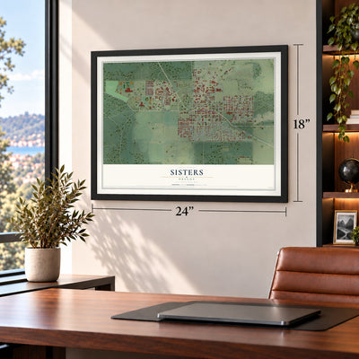 Sisters, Oregon map, 18 x 24 inch print in a black frame in a home office