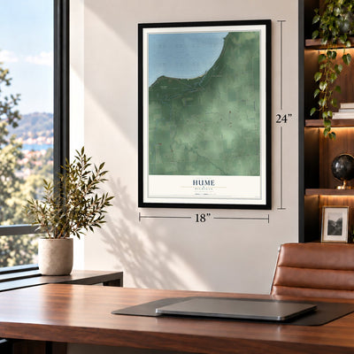 Hume, Michigan map, 18 x 24 inch print in a black frame in a home office