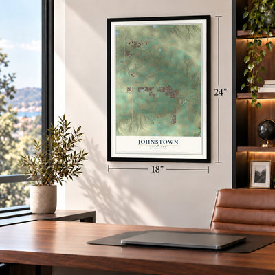 Johnstown, Colorado map, 18 x 24 inch print in a black frame in a home office