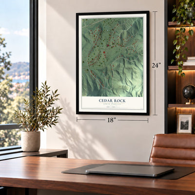 Cedar Rock, North Carolina map, 18 x 24 inch print in a black frame in a home office