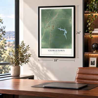 Georgetown, Louisiana map, 18 x 24 inch print in a black frame in a home office