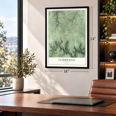 Clarkrange, Tennessee map, 18 x 24 inch print in a black frame in a home office