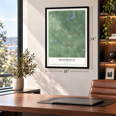 Broomfield, Michigan map, 18 x 24 inch print in a black frame in a home office