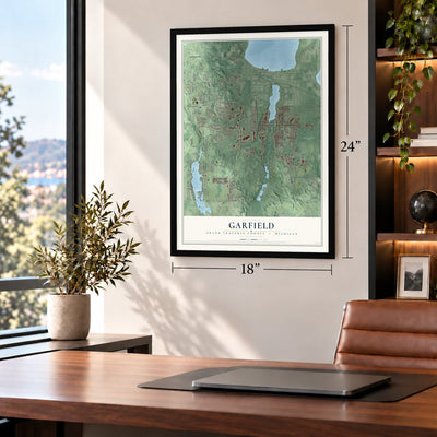 Garfield, Grand Traverse County, Michigan map, 18 x 24 inch print in a black frame in a home office
