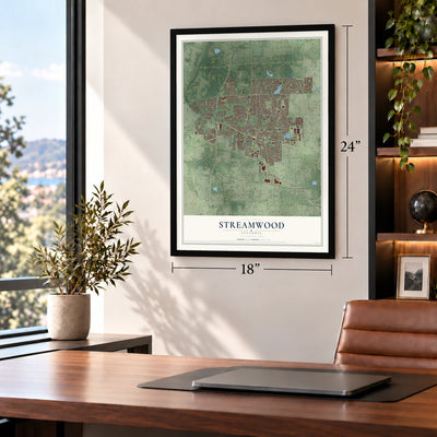 Streamwood, Illinois map, 18 x 24 inch print in a black frame in a home office
