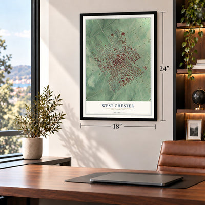 West Chester, Pennsylvania map, 18 x 24 inch print in a black frame in a home office