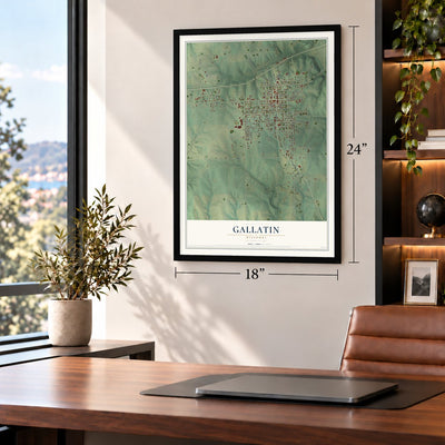 Gallatin, Missouri map, 18 x 24 inch print in a black frame in a home office