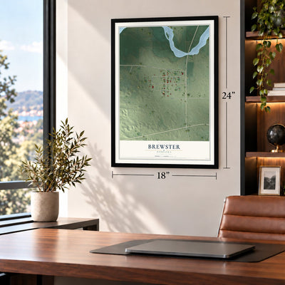 Brewster, Nebraska map, 18 x 24 inch print in a black frame in a home office