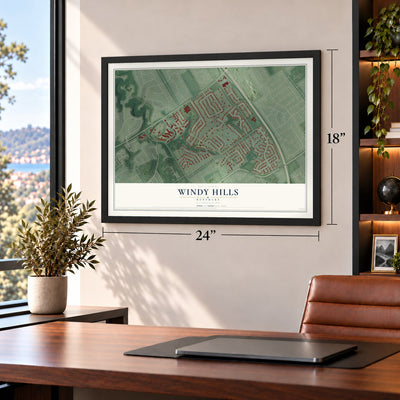 Windy Hills, Kentucky map, 18 x 24 inch print in a black frame in a home office