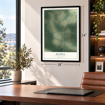 Scotia, South Carolina map, 18 x 24 inch print in a black frame in a home office