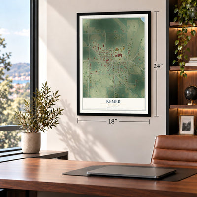 Remer, Minnesota map, 18 x 24 inch print in a black frame in a home office