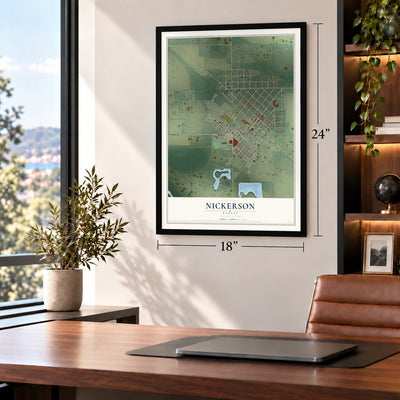 Nickerson, Kansas map, 18 x 24 inch print in a black frame in a home office
