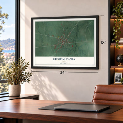 Rushsylvania, Ohio map, 18 x 24 inch print in a black frame in a home office