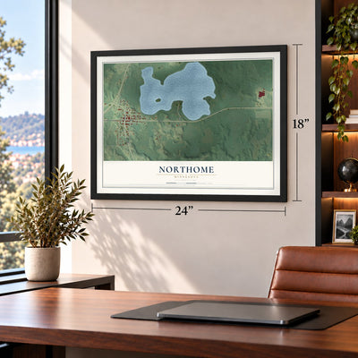 Northome, Minnesota map, 18 x 24 inch print in a black frame in a home office