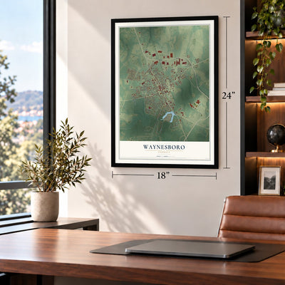 Waynesboro, Georgia map, 18 x 24 inch print in a black frame in a home office
