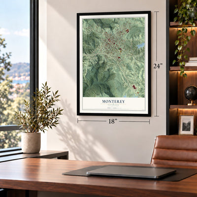 Monterey, Tennessee map, 18 x 24 inch print in a black frame in a home office