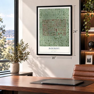 Bancroft, Minnesota map, 18 x 24 inch print in a black frame in a home office