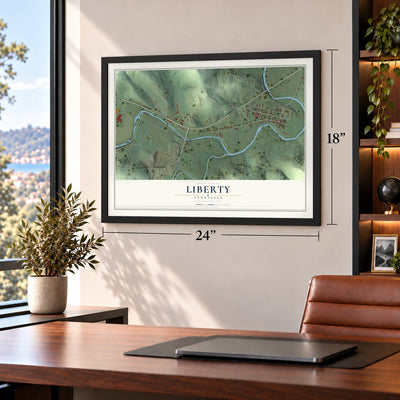 Liberty, Tennessee map, 18 x 24 inch print in a black frame in a home office