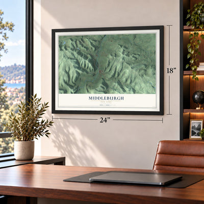 Middleburgh, New York map, 18 x 24 inch print in a black frame in a home office
