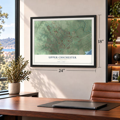Upper Chichester, Pennsylvania map, 18 x 24 inch print in a black frame in a home office