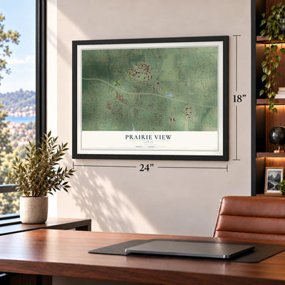 Prairie View, Texas map, 18 x 24 inch print in a black frame in a home office