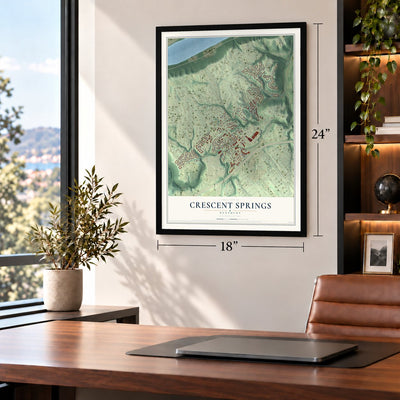 Crescent Springs, Kentucky map, 18 x 24 inch print in a black frame in a home office