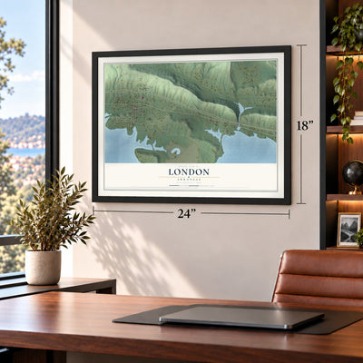 London, Arkansas map, 18 x 24 inch print in a black frame in a home office