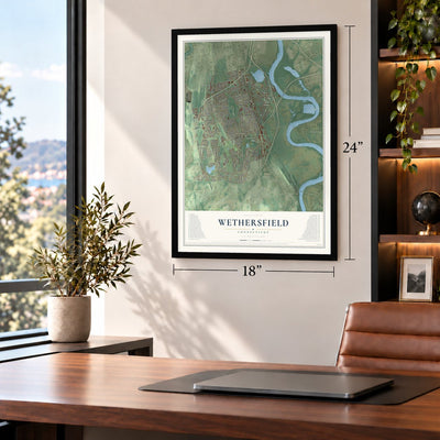 Wethersfield, Connecticut map, 18 x 24 inch print in a black frame in a home office