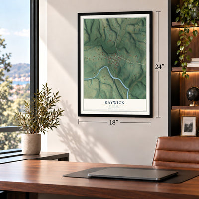 Raywick, Kentucky map, 18 x 24 inch print in a black frame in a home office