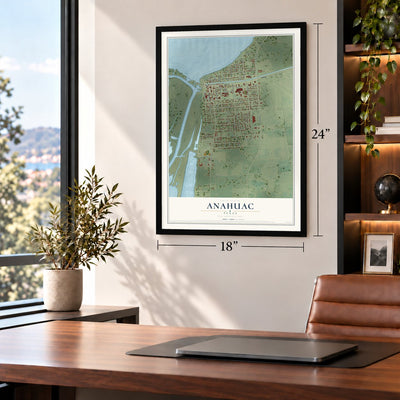 Anahuac, Texas map, 18 x 24 inch print in a black frame in a home office