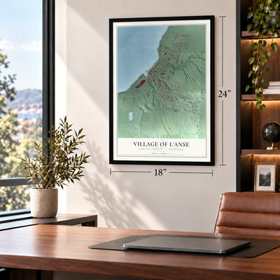 L'Anse, Michigan map, 18 x 24 inch print in a black frame in a home office
