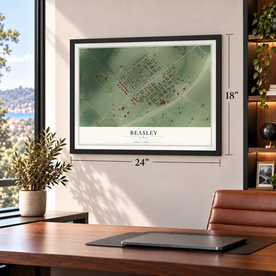 Beasley, Texas map, 18 x 24 inch print in a black frame in a home office