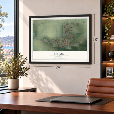 Obion, Tennessee map, 18 x 24 inch print in a black frame in a home office